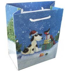 Part of the festive Jan Pashley Range, a cute bird and dog printed gift bag with an added snowy scene