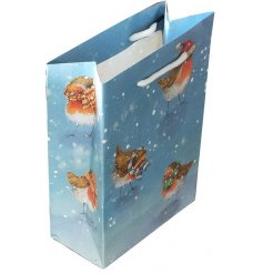   Part of the festive Jan Pashley Range, a christmas robin printed gift bag with an added snowy scene