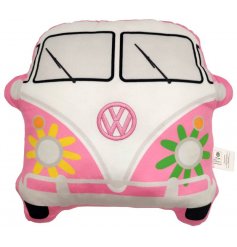 A retro Volkswagen Camper Van cushion with a colourful groovy decal 