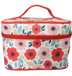 A colourful and bold poppy printed make up bag with a secure zip lid and added compartments inside 
