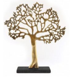 Sure to add an ontrend hint of Gold to any home space, a Tree of Life inspired ornament with a wood block base 