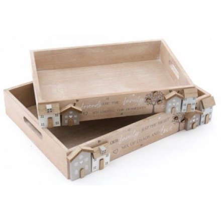 Rustic House Set of 2 Wooden Trays, 40cm 
