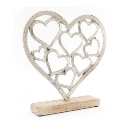 Decorative Metal Heart On Wood Base, 28cm 