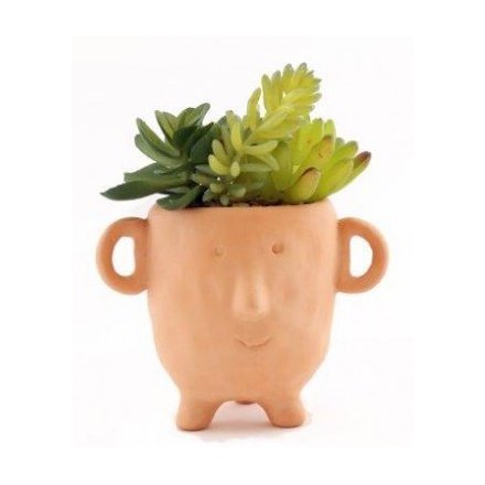 A cute terracotta coloured pot with facial features and green foliage for hair 