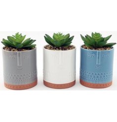 A funky assortment of dolomite planters with charming facial decals and added artificial succulents in each 