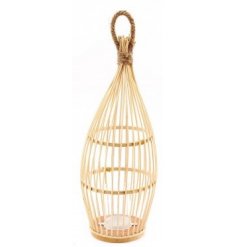 A charmingly simple accent to bring into any home or garden space, a bamboo based lantern with a droplet shape 