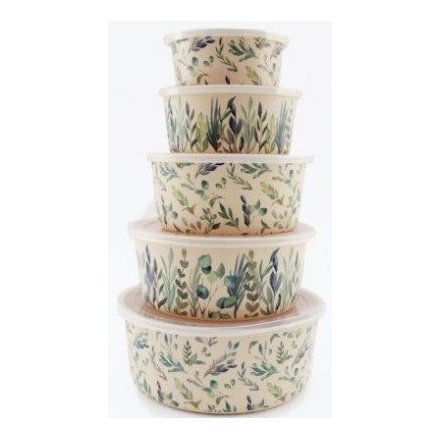Green Leaf Printed Set of 5 Containers 