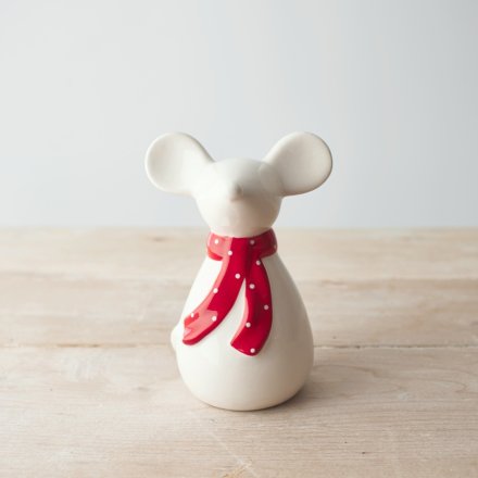 White Ceramic Mouse With Scarf, 14cm 