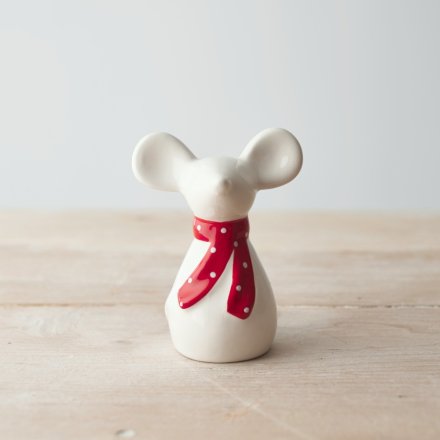 White Ceramic Mouse With Scarf, 9.5cm