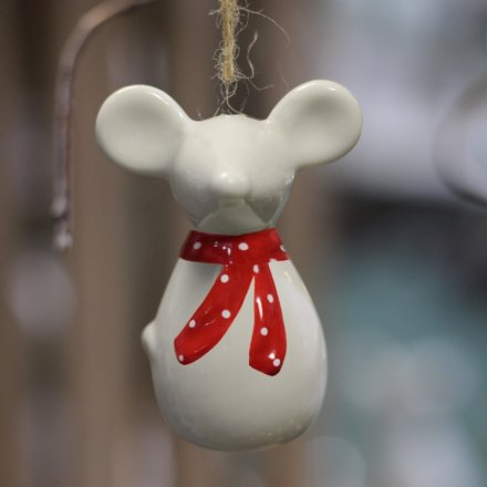 3.5cm Ceramic White Hanging Mouse With Scarf