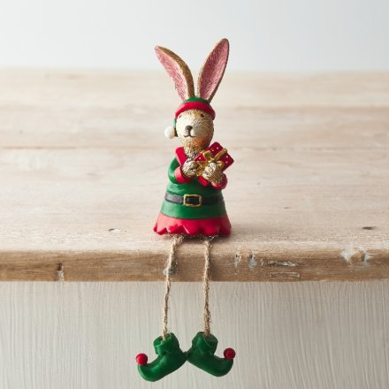 Sitting Festive Elf Bunny , 11cm 