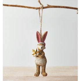 Perfect for the festive season, a hanging bunny with a santa hat and star to complete his look 