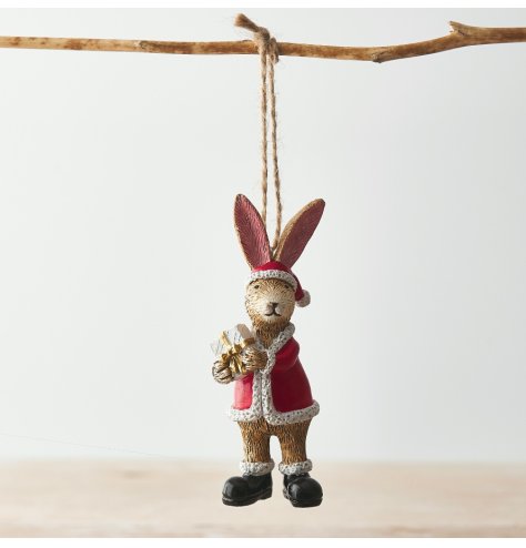 A unique, cute and wonderfully detailed hanging rabbit decoration. Complete with Santa outfit and gift.