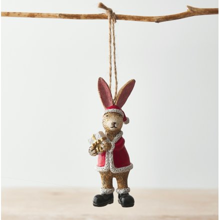 Hanging Bunny With Present, 11cm 