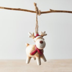 A cute and simple hanging ceramic reindeer with festive red accents and a brown tone to finish 