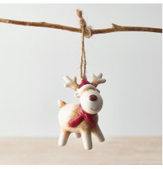 A cute and simple hanging ceramic reindeer with festive red accents and a brown tone to finish 