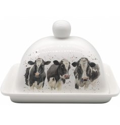 A Rustic Farm themed ceramic butter dish featuring the popular 'Not Amoosed' Cow print 