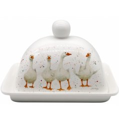 A Rustic Farm themed ceramic butter dish featuring the popular 'Goosey Women' print from Bree Merryn 