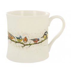 A Fine China Mug featuring a colourful branch of birds decal 