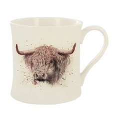  A sleek fine china mug featuring a watercolour inspired highland cow printed decal 