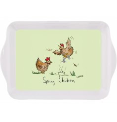 A quirky and comical small serving tray with a green hued base and chicken print to finish 