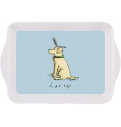 A quirky and comical small serving tray with a blue hued base and cute dog print to finish 
