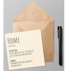  A quirky and simple greetings card with a Dictionary inspired printed text about Home  