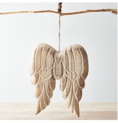  A chunky pair of wooden angel wings hung from a jute string, complete with an overly distressed finish and natural tone