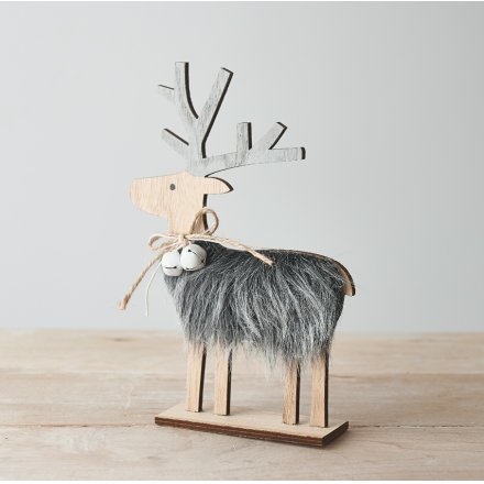 Wooden Reindeer With Faux Fur Trim, 20cm 