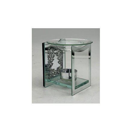 A glitzy themed glass oil burner with a mirrored edging and Christmas Tree design 