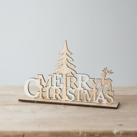 A chic and simple natural wooden Merry Christmas Plaque with an added woodland and reindeer scene