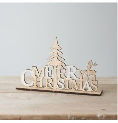 A chic and simple natural wooden Merry Christmas Plaque with an added woodland and reindeer scene