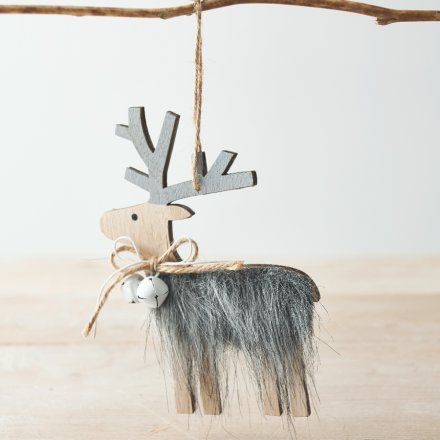 Grey Faux Fur Reindeer Hanger, 15cm