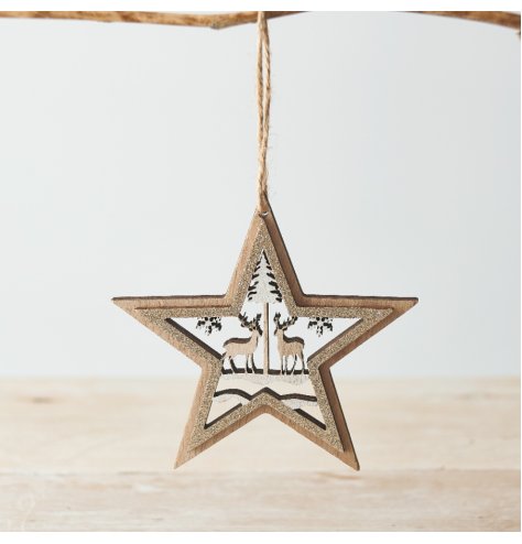 A jute string hung wooden star with a woodland scene cut decal and glitter edge trim 