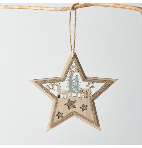 A jute string hung wooden star with a woodland scene cut decal and glitter edge trim 