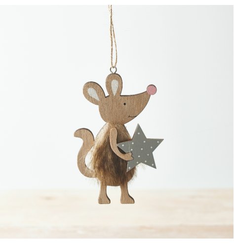 A sweet little hanging mouse with added faux fur details and a grey star 