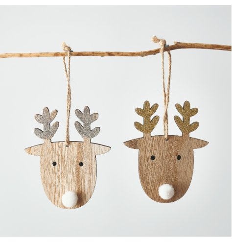 A jute string hung wooden reindeer with glittery details and a pompom nose 