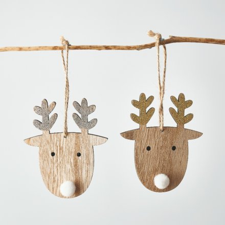 A jute string hung wooden reindeer with glittery details and a pompom nose 