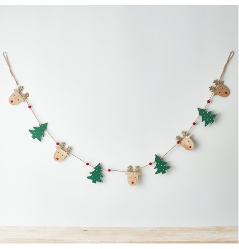 A jute string hung garland with added reindeer and tree decals and traditional colour tones 