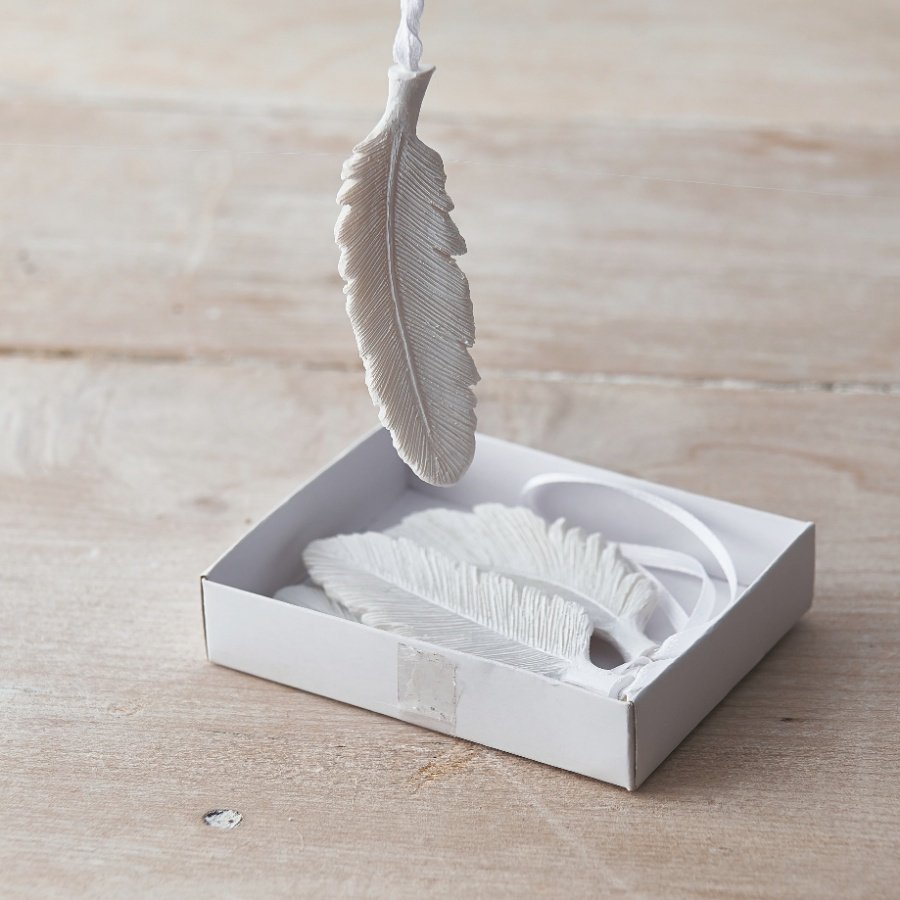 Sure to add an Angelic hint to any tree display at Christmas Time, a set of 4 mini hanging feather decorations 