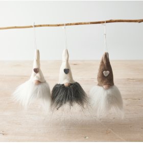 A festive mix of neutral toned felt gonks with jingling bells and faux fur bearded trims 