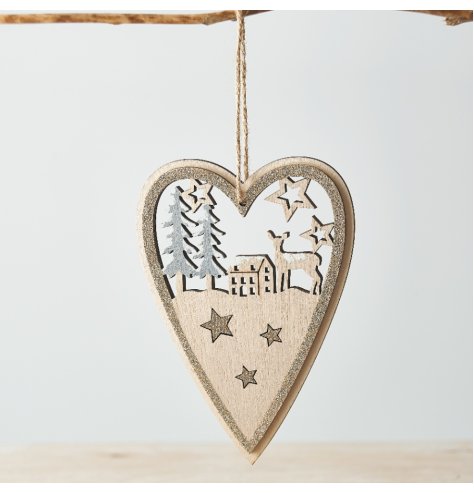 A jute string hung wooden heart with a woodland scene cut decal and glitter edge trim 