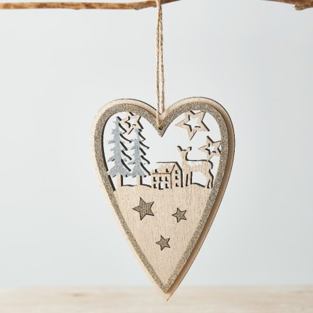Woodland Heart Hanger With Glitter Trim, 13.5cm 