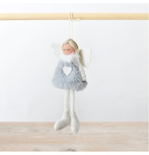 A cute and plush hanging angel decoration with a grey toned faux fur body and added white accents