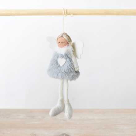 Grey Faux Fur Hanging Angel, 15cm 