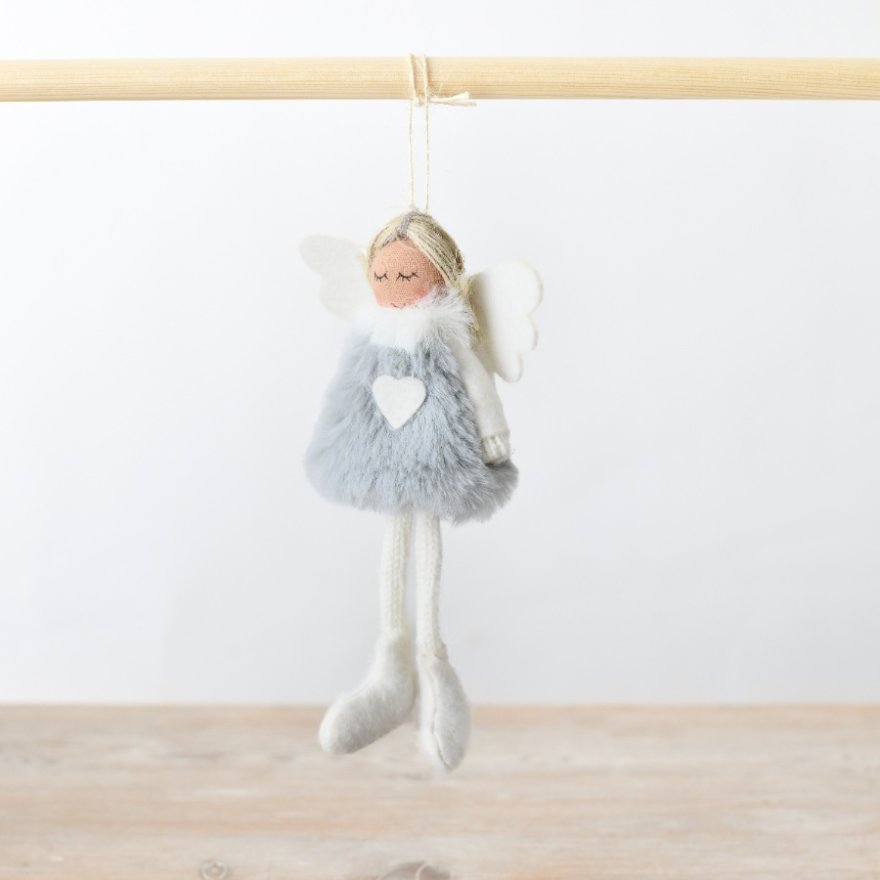 Grey Faux Fur Hanging Angel, 15cm 