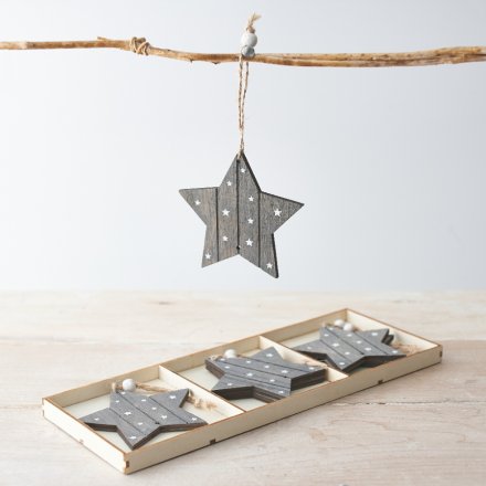Box of 6 Grey Wood Star Hanging Decorations, 10cm