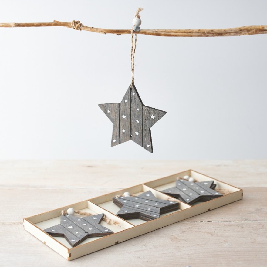 Box of 6 Grey Wooden Star Decs 