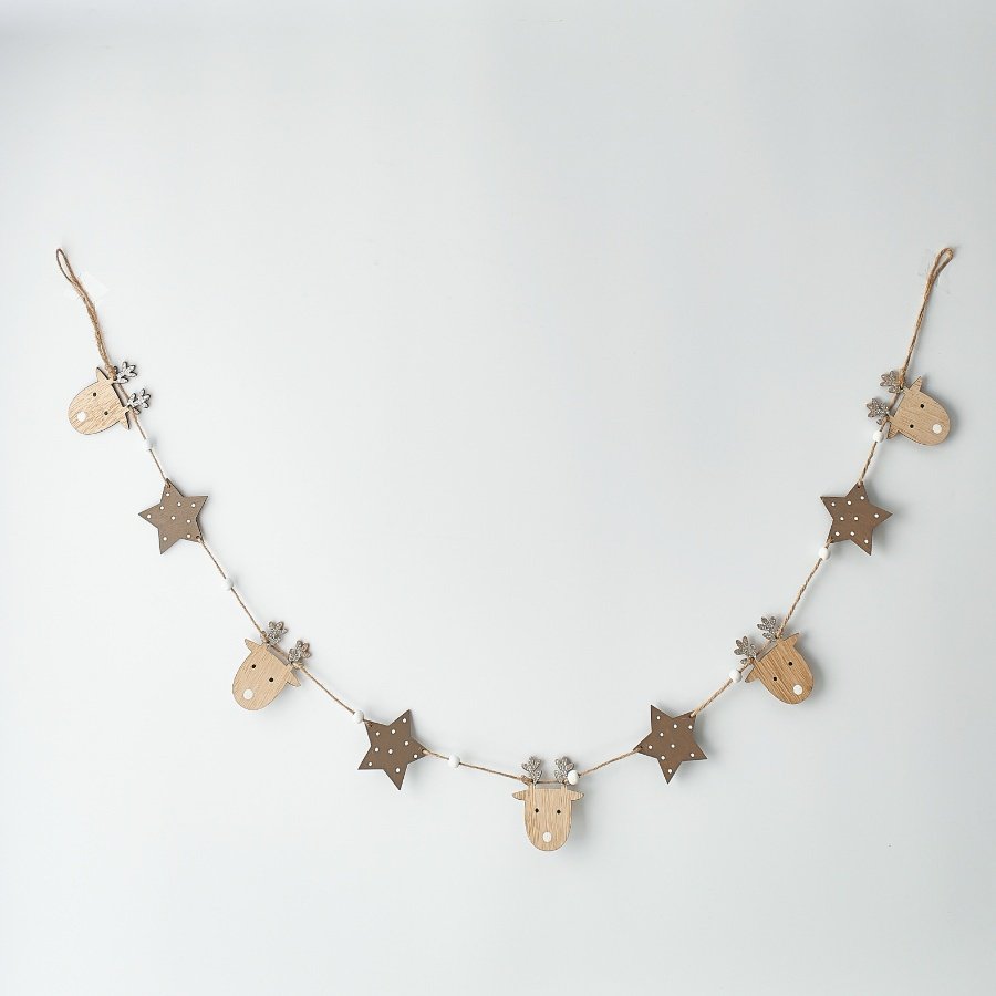 Sure to add a festive and fun touch to your tree or mantle at Christmas, a wooden garland with a reindeer and star look 