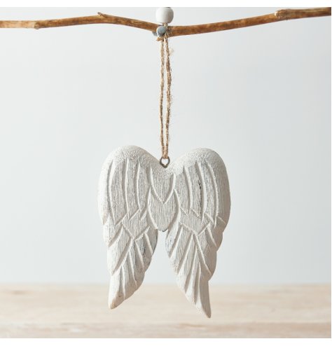 A chunky pair of hanging angel wings made from wood, with added carved details and a rustic finish! 